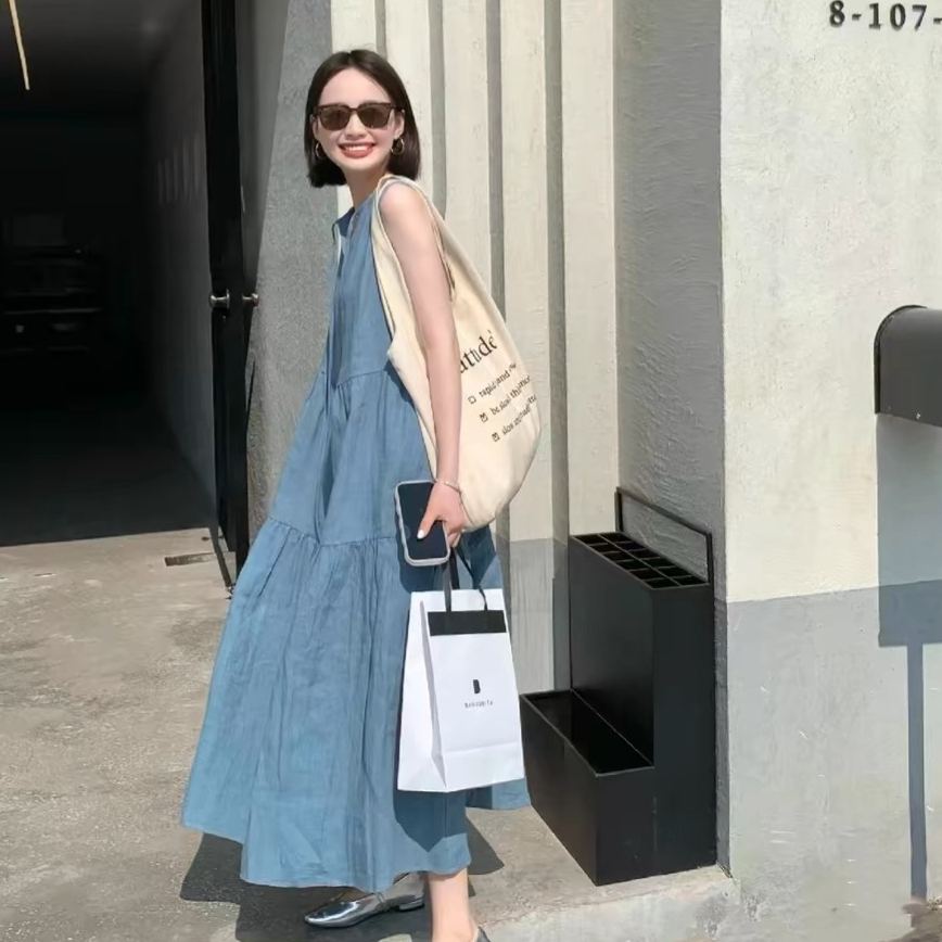 Chic氣質圓領系帶寬鬆仿牛仔無袖洋裝