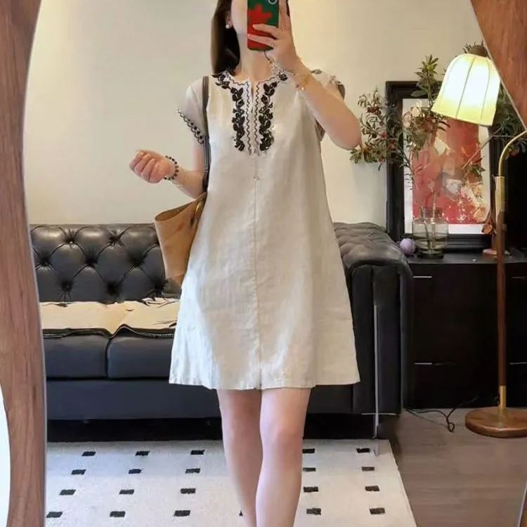 中長版寬鬆時尚印花收腰顯瘦減齡洋裝