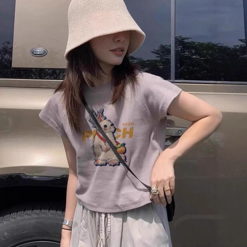印花設計感插肩袖短版圓領短袖t恤