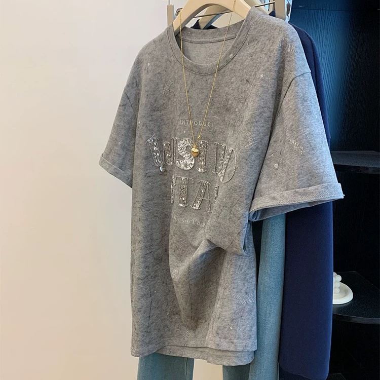 大碼oversize扎染亮片刺繡短袖t恤