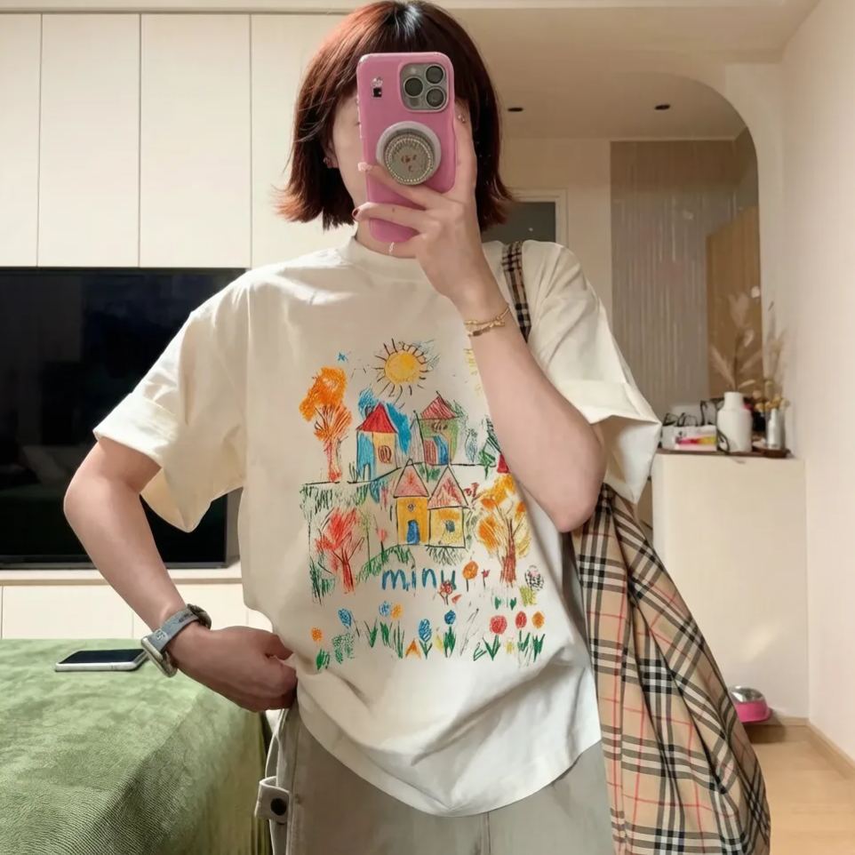 純棉手繪趣味塗鴉寬鬆慵懶印花短袖t恤