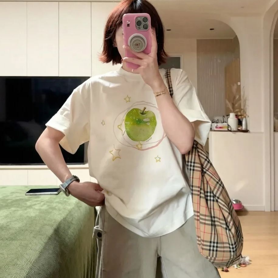 純棉手繪趣味塗鴉寬鬆慵懶印花短袖t恤
