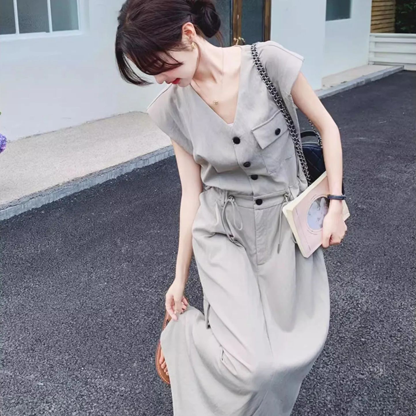 韓系時尚工裝慵懶風收腰超長及踝襯衫洋裝