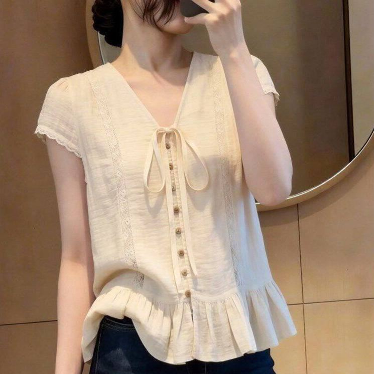 繫帶減齡簡約設計感甜美顯瘦襯衫短袖