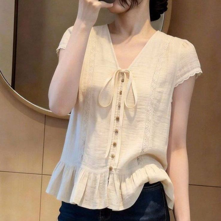 繫帶減齡簡約設計感甜美顯瘦襯衫短袖
