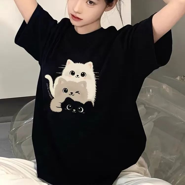 新款爆款純棉小貓印花短袖T恤