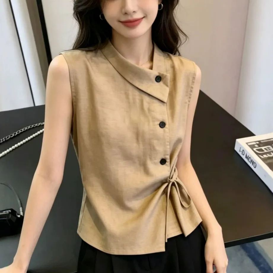 時尚減齡設計感不規則系帶襯衫短袖