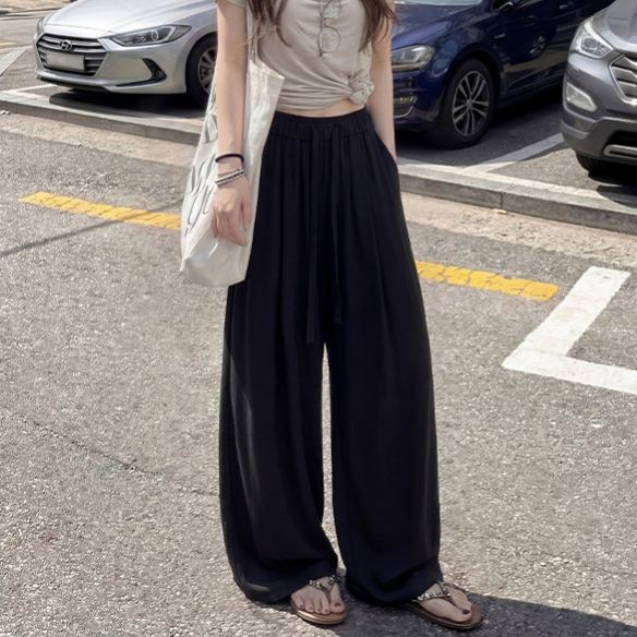 亞麻闊腿垂感寬鬆直筒棉綢外穿苧麻棉麻褲