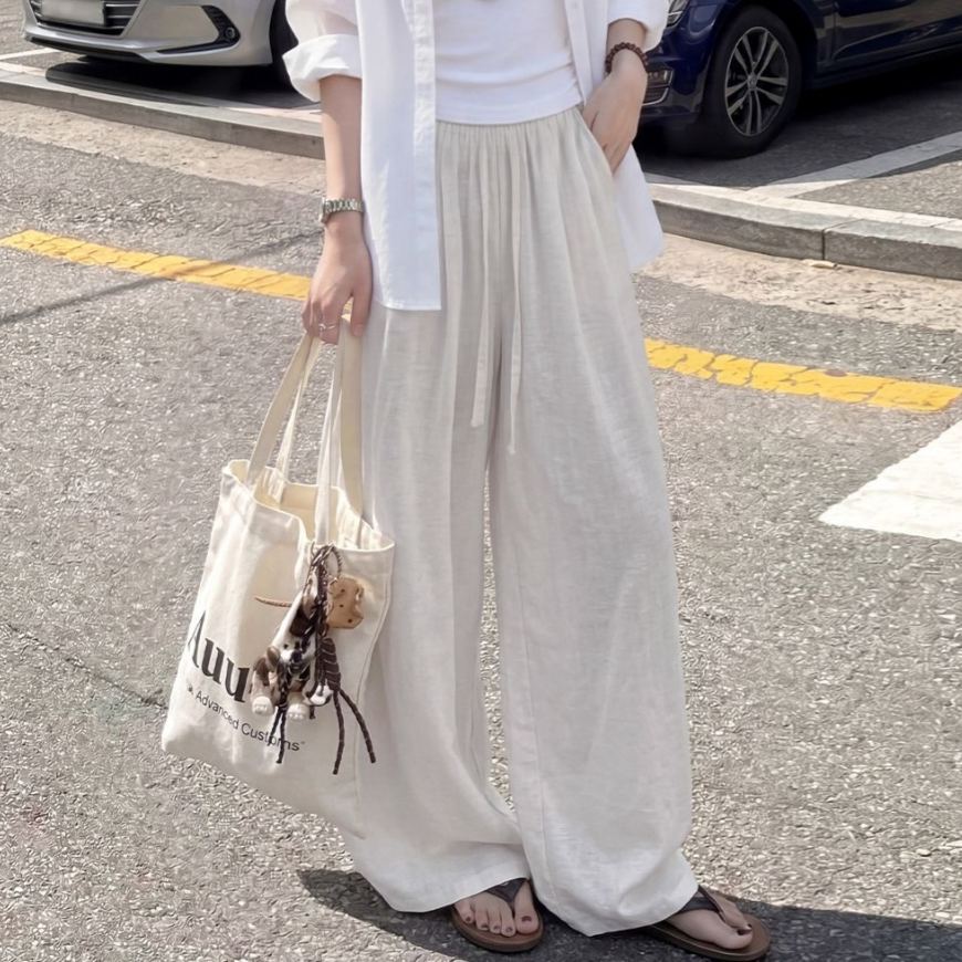 亞麻闊腿垂感寬鬆直筒棉綢外穿苧麻棉麻褲