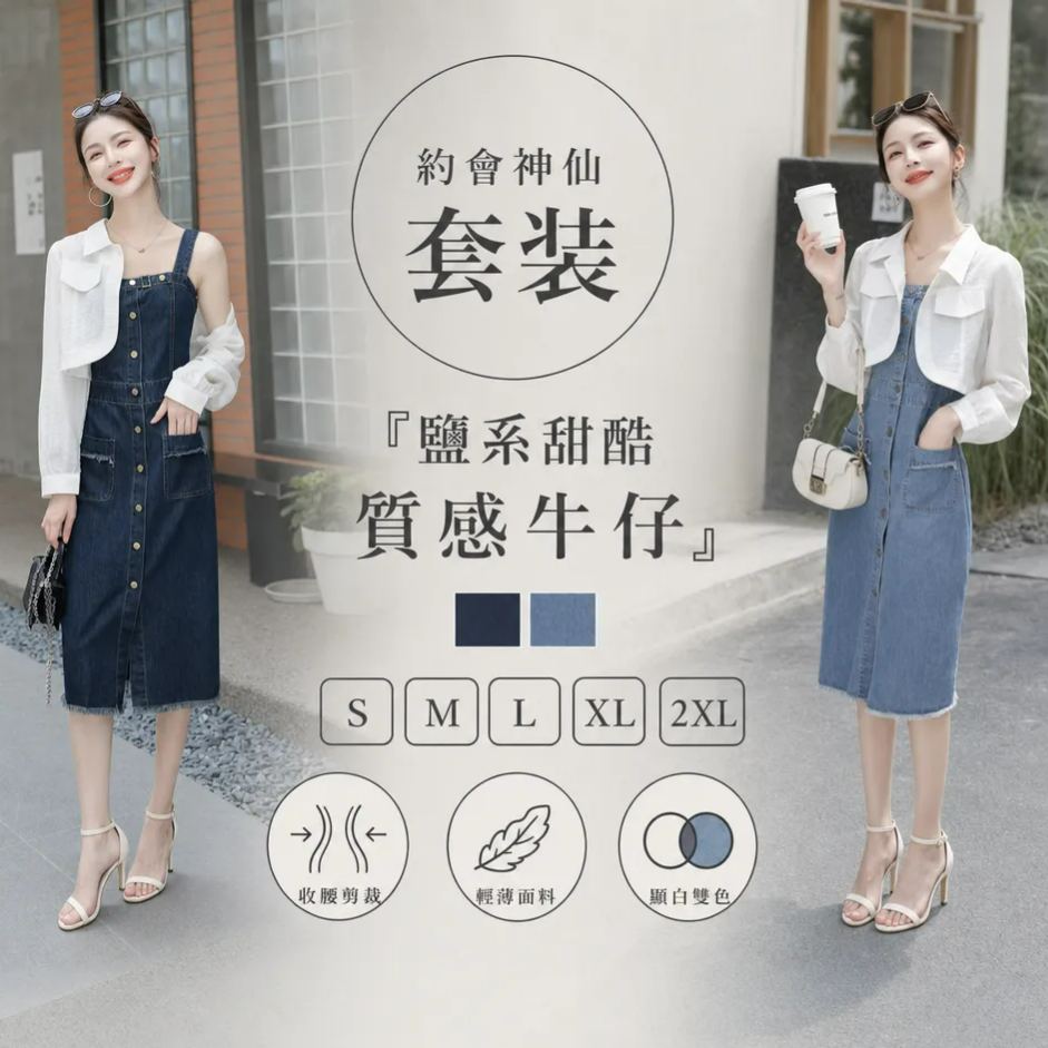 【整套】收腰顯瘦法式復古牛仔吊帶裙+長袖翻領外搭兩件套