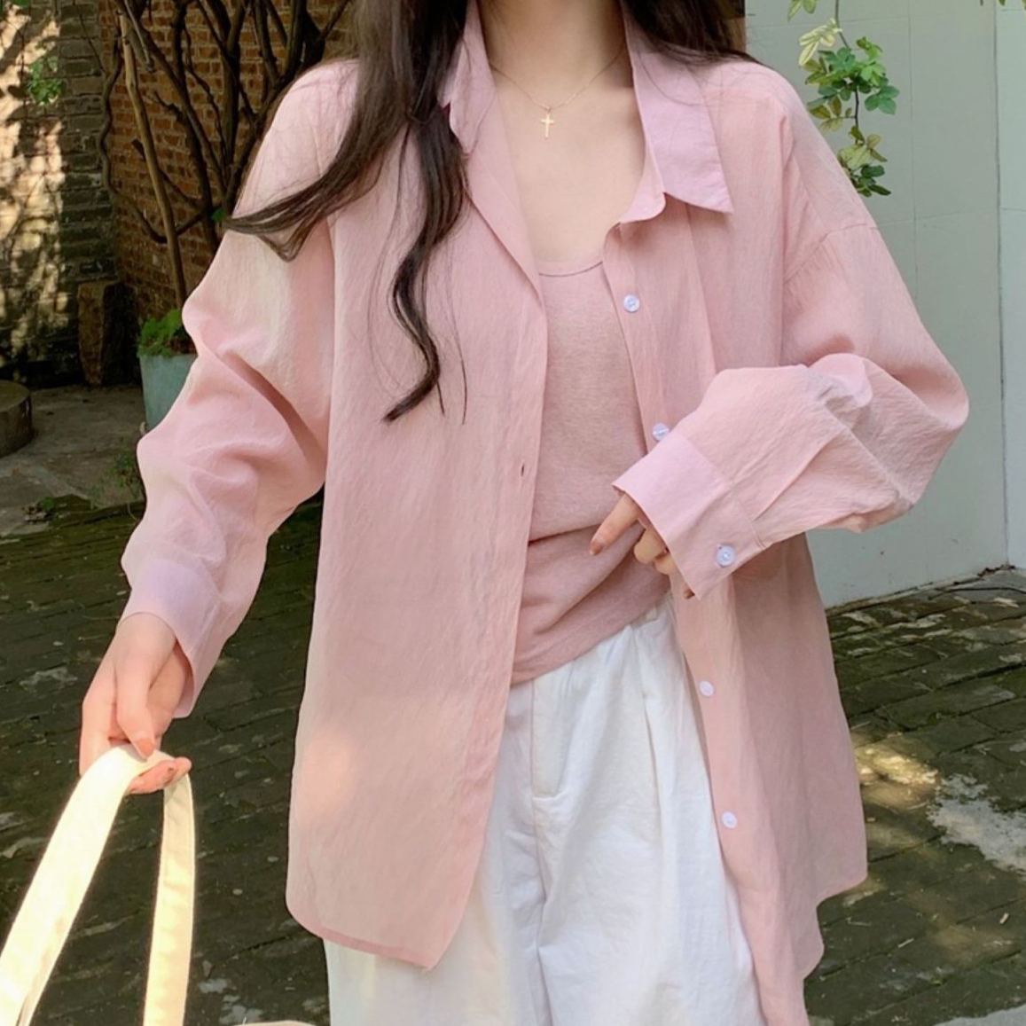 冰絲素色法式高級感長袖防曬襯衫