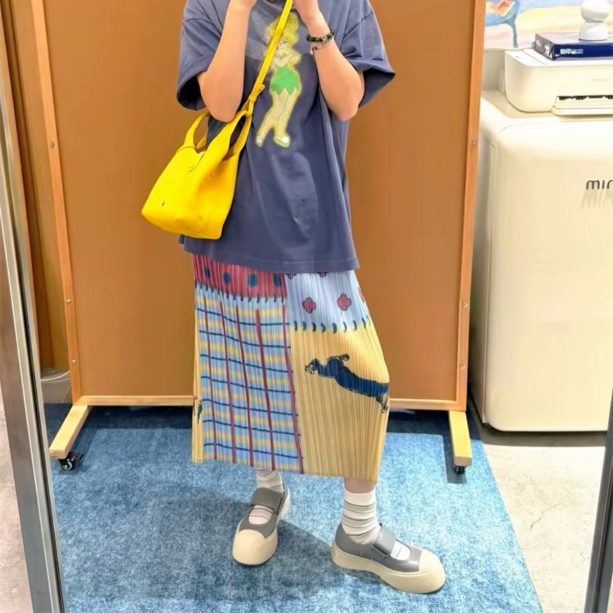 印花褶皺三宅風高腰顯瘦百搭後開叉直筒半身裙