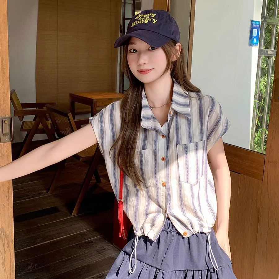 寬鬆百搭撞色條紋Polo領短袖襯衫