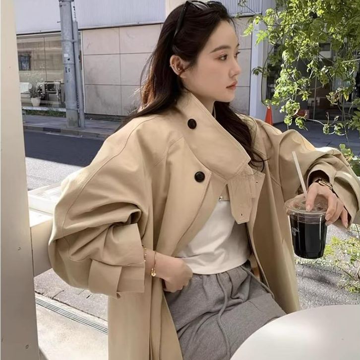 @復古英倫風立領寬松長袖風衣外套