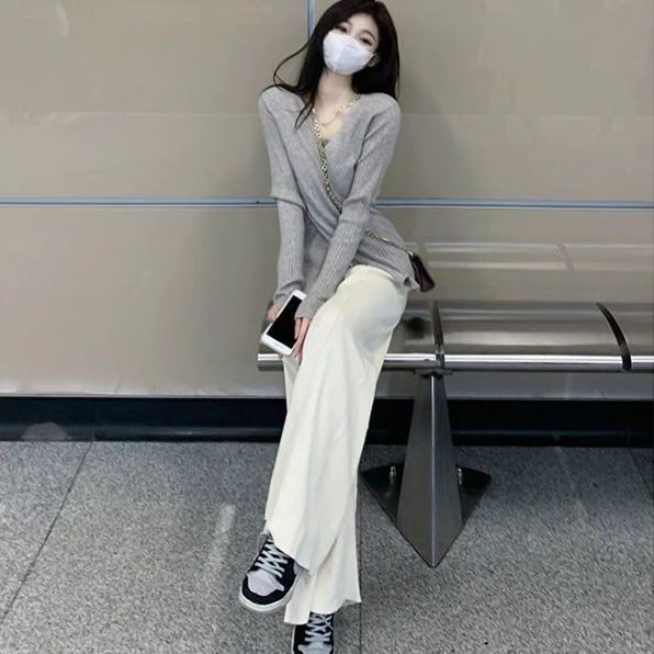 【單件/套裝】不規則羊毛針織衫白色闊腿褲兩件套
