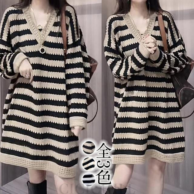 顯瘦條紋約會大碼氣質設計感針織連衣裙