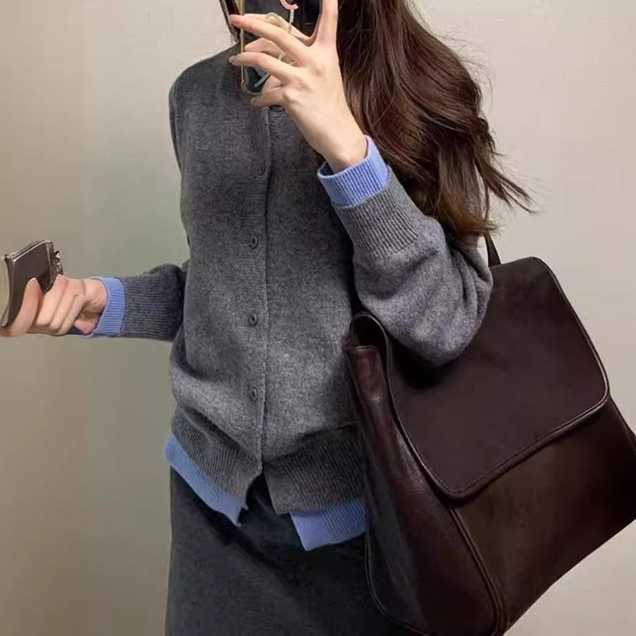 法式撞色圓領顯瘦假兩件針織開衫