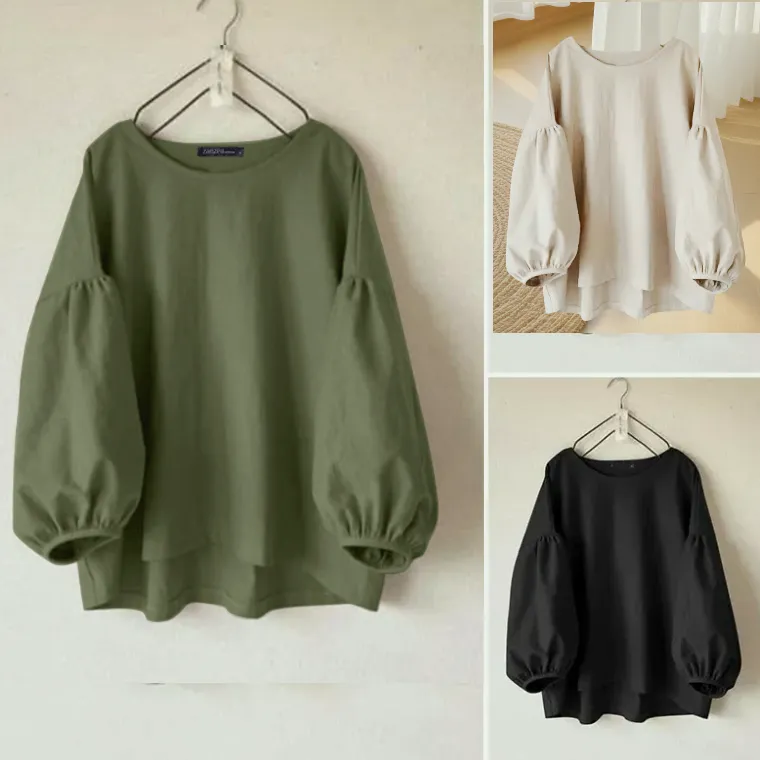 日系休閒潮流圓領泡泡袖復古襯衫