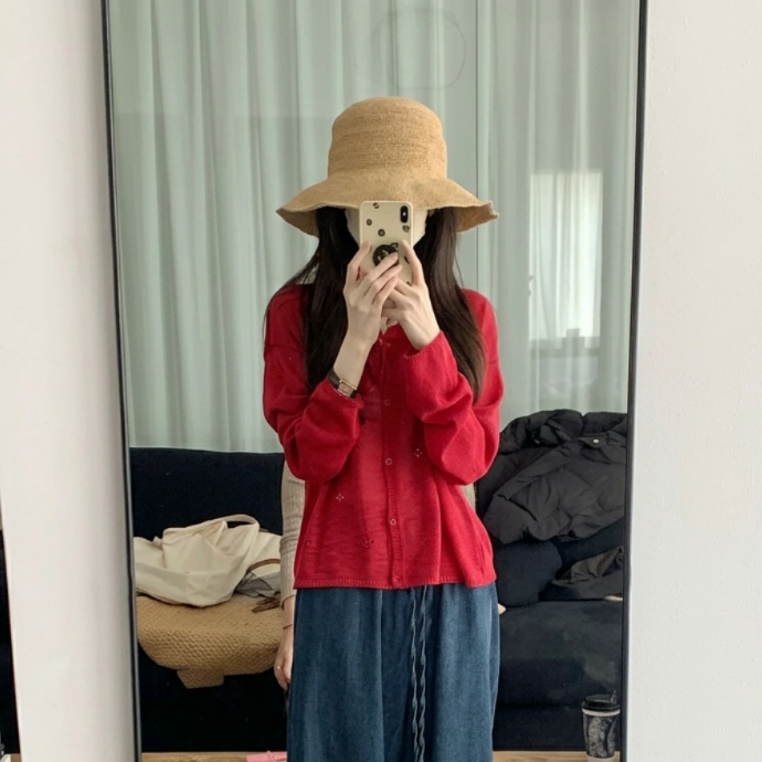 @法式鏤空鉤花薄款寬鬆防曬長袖針織開衫