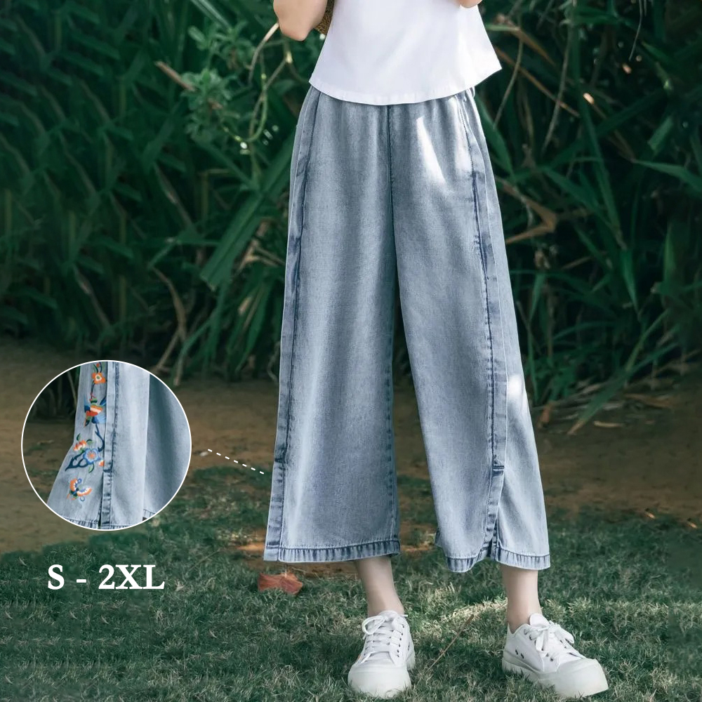 民族風刺繡薄款寬鬆a字型鬆緊腰八分牛仔褲