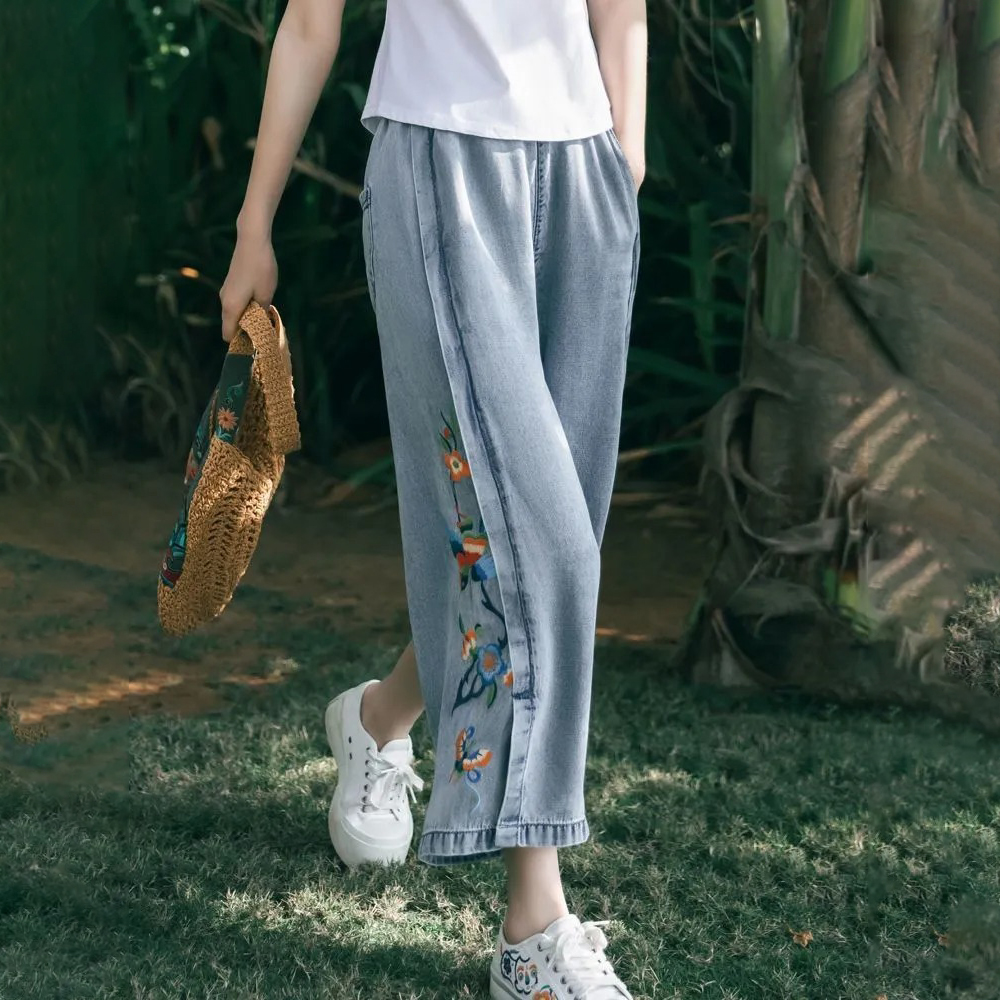 民族風刺繡薄款寬鬆a字型鬆緊腰八分牛仔褲