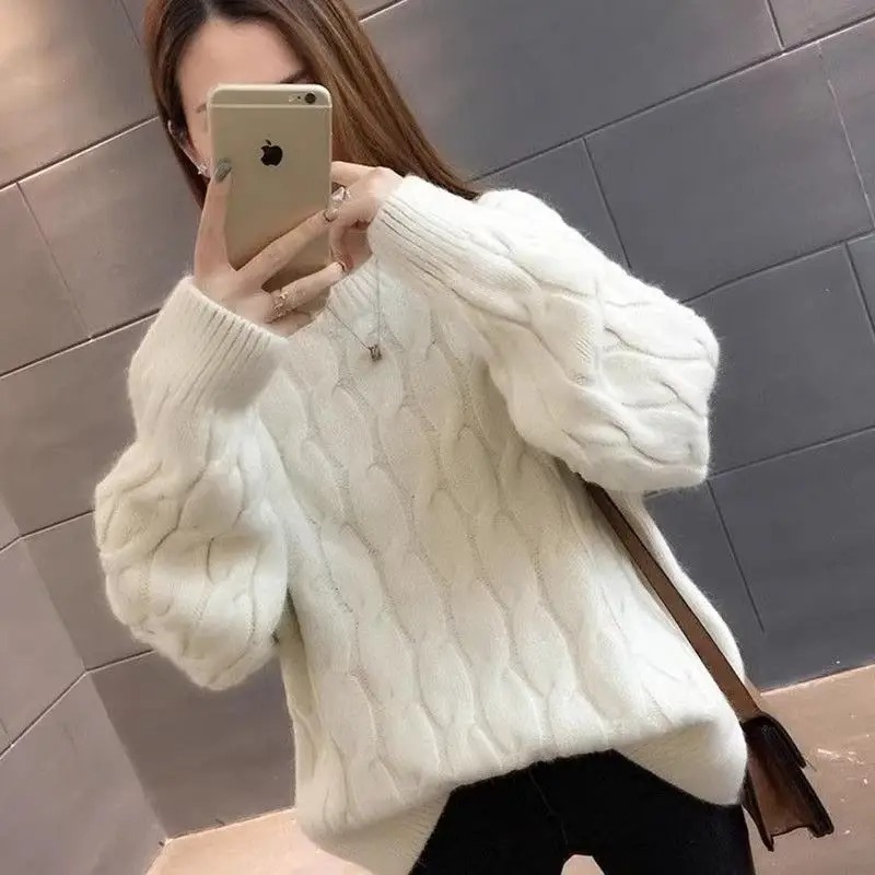 韓版慵懶風寬鬆保暖加厚麻花針織毛衣