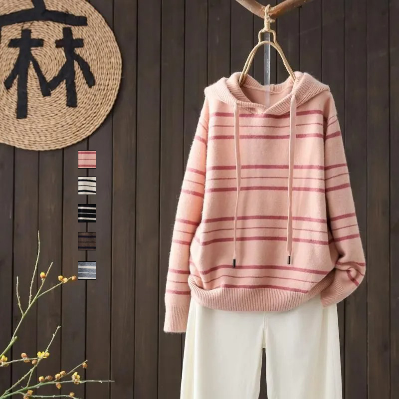 休閒慵懶長袖條紋顯瘦連帽針織毛衣
