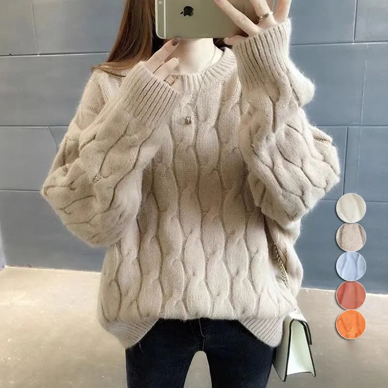 韓版慵懶風寬鬆保暖加厚麻花針織毛衣