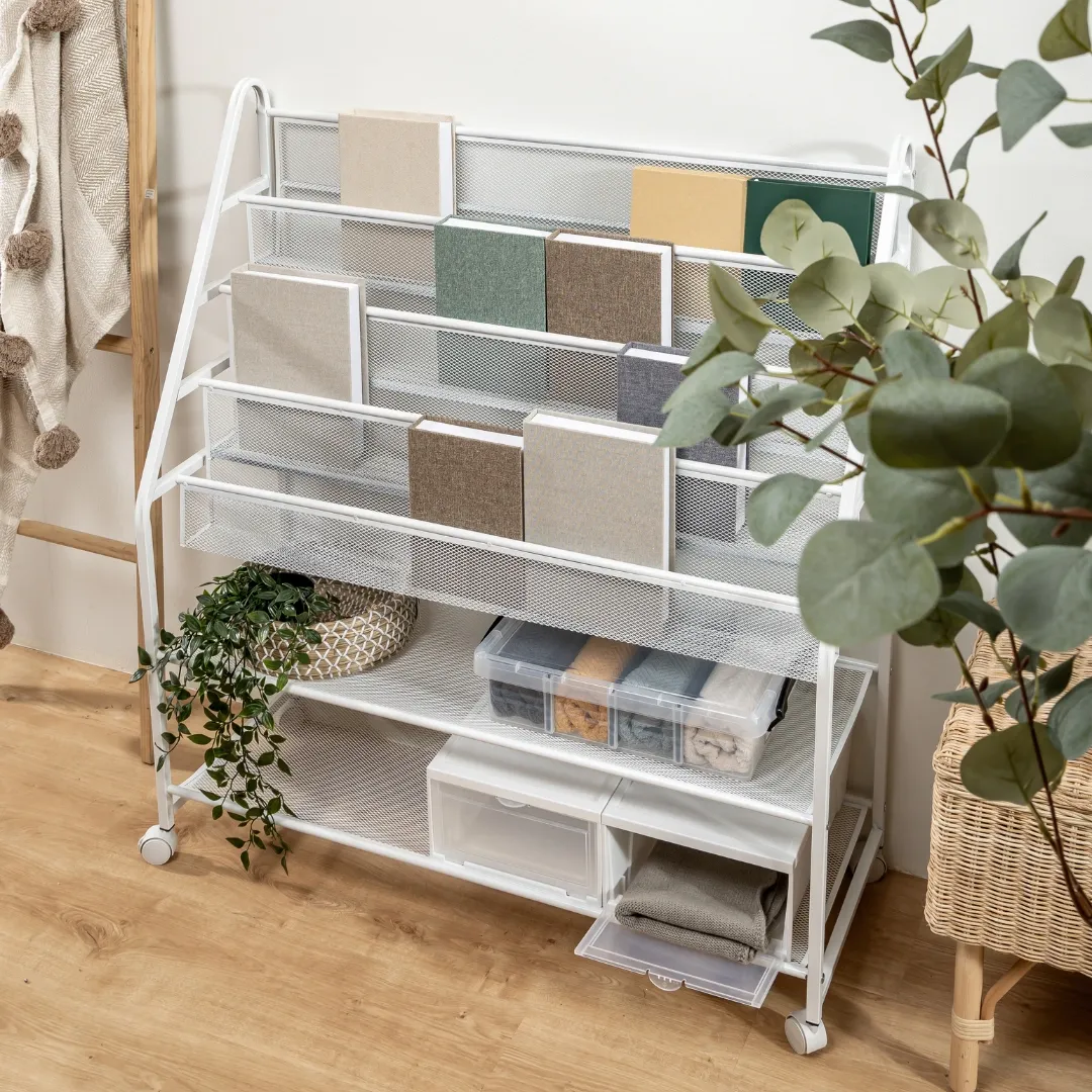 HOUZE - 'TOCAR' Kids 5 | 6 Tier Slim Metal Bookshelf W Refined Grid (White) - Storage | Space Saver | Organizer | Shelving