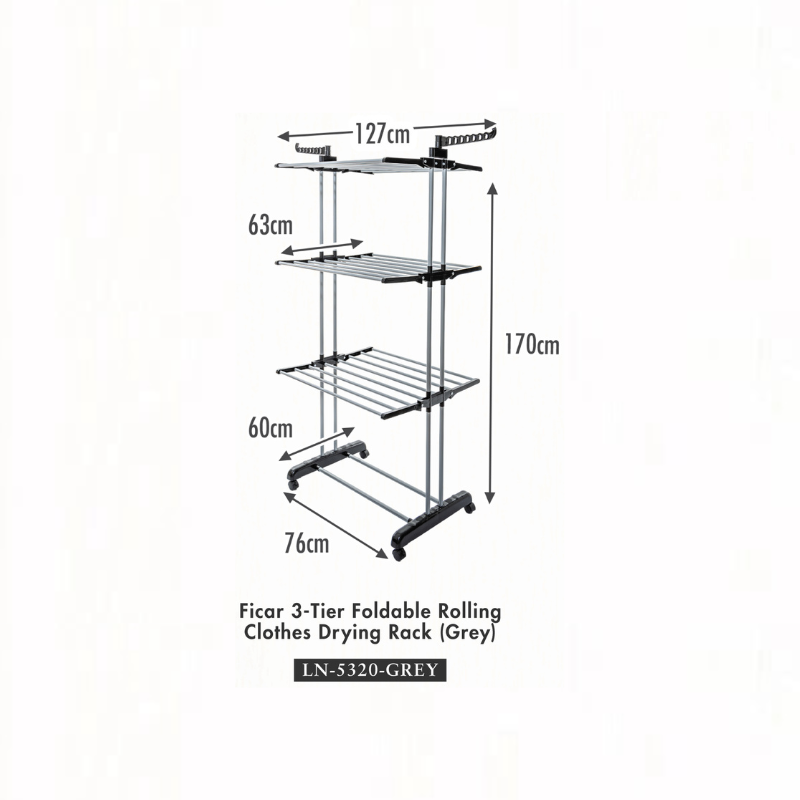 HOUZE - Ficar 3-Tier Foldable Rolling Clothes Drying Rack