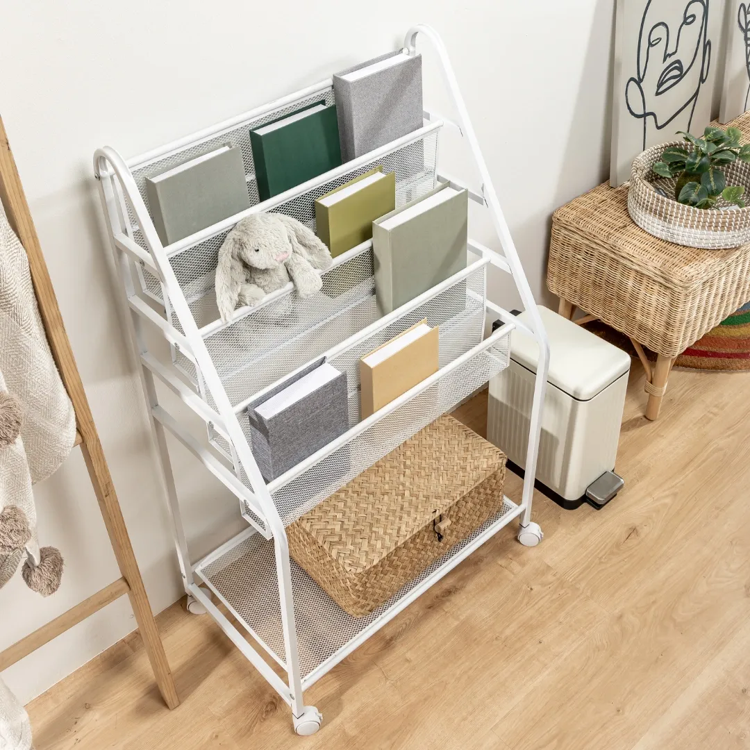 HOUZE - 'TOCAR' Kids 5 | 6 Tier Slim Metal Bookshelf W Refined Grid (White) - Storage | Space Saver | Organizer | Shelving