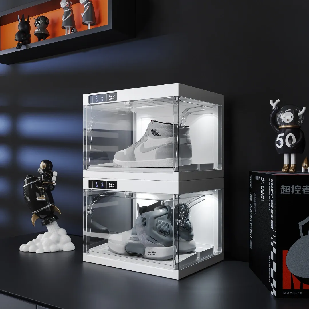 HOUZE - 'SoleMate' IllumiCube: Remote-Lit Shoe Display Transparent Stackable Box - Organizer | Storage