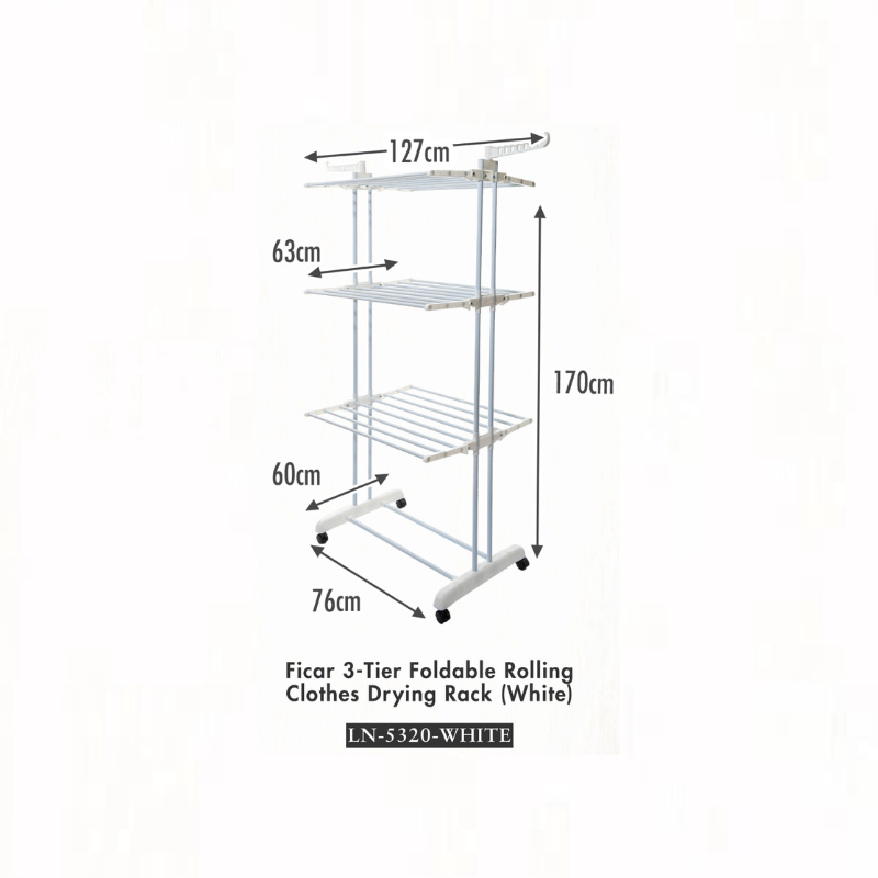 HOUZE - Ficar 3-Tier Foldable Rolling Clothes Drying Rack