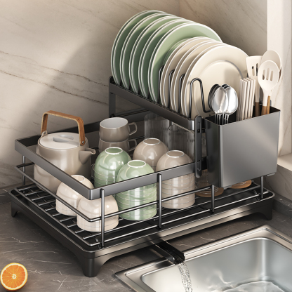 DishDolly 2-Tier Dish Draining Rack with Cutlery Holder