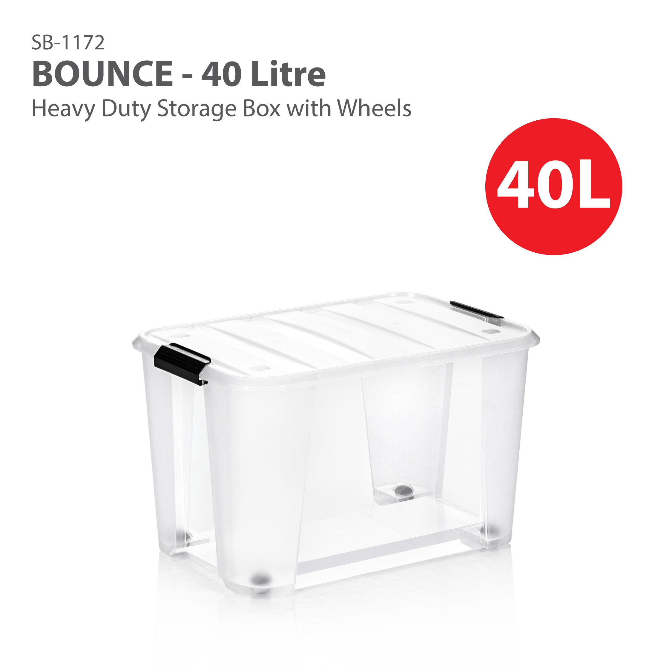 HOUZE - Bounce Storage Box With Wheels (Clear) 20L | 40L | 70L | 100L | 125L - Plastic | Container | Box | Organizer