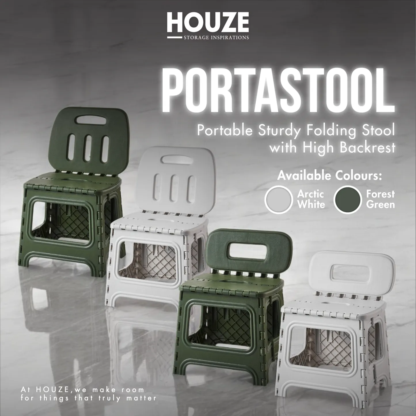 HOUZE - 'PORTASTOOL' Portable Sturdy Folding Stool with Backrest | High Backrest