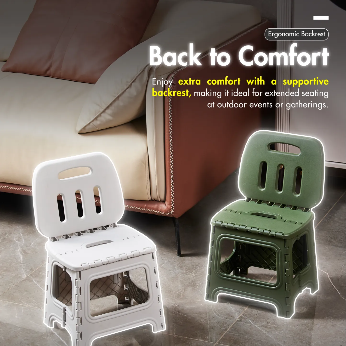 HOUZE - 'PORTASTOOL' Portable Sturdy Folding Stool with Backrest | High Backrest