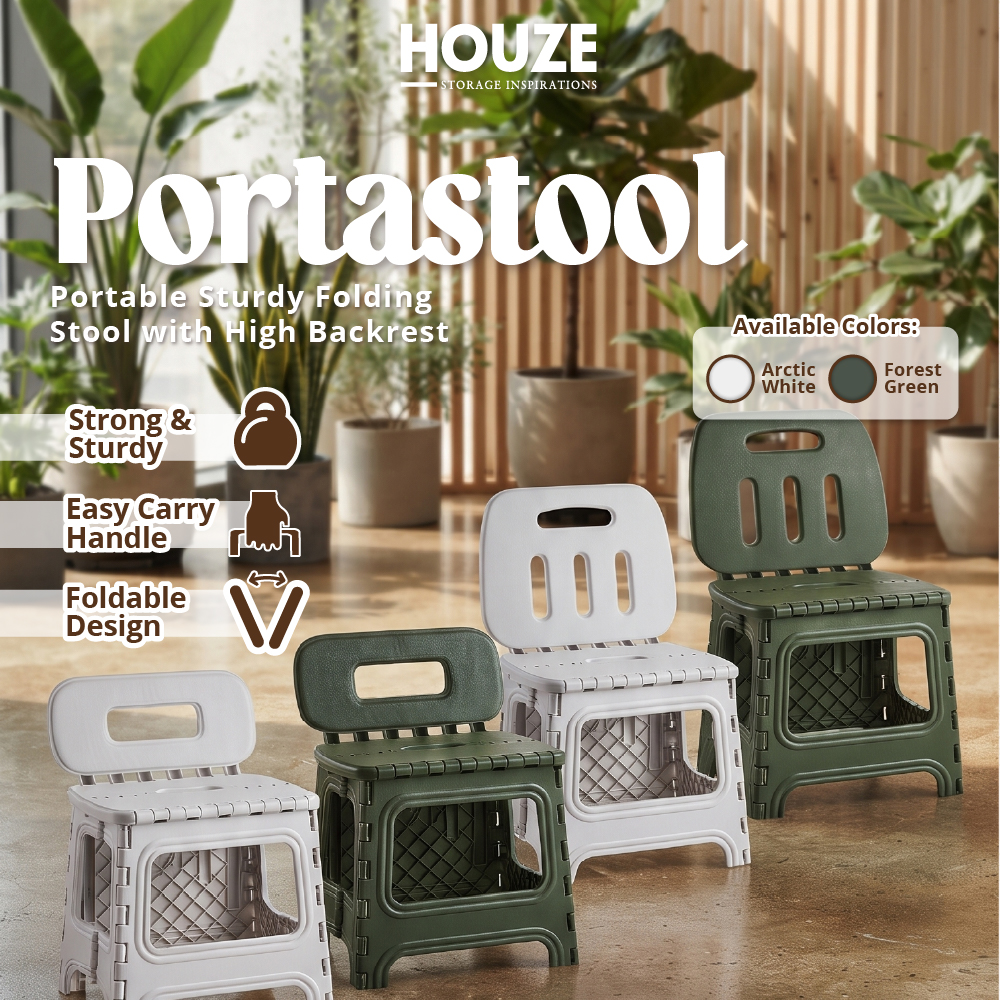 HOUZE - 'PORTASTOOL' Portable Sturdy Folding Stool with Backrest | High Backrest