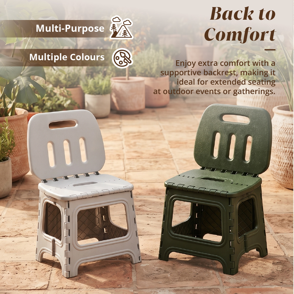 HOUZE - 'PORTASTOOL' Portable Sturdy Folding Stool with Backrest | High Backrest