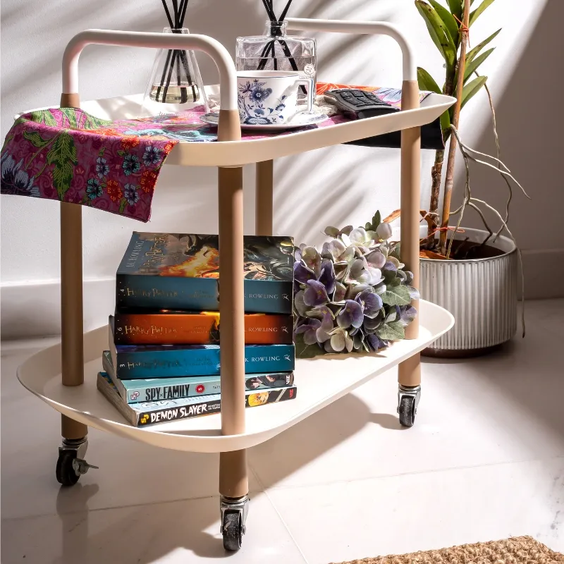 HOUZE - 2 Tier Wheeled Rectangular | Round | Oval Side Table With Trolley (White) - Portable | Space Saver | Storage