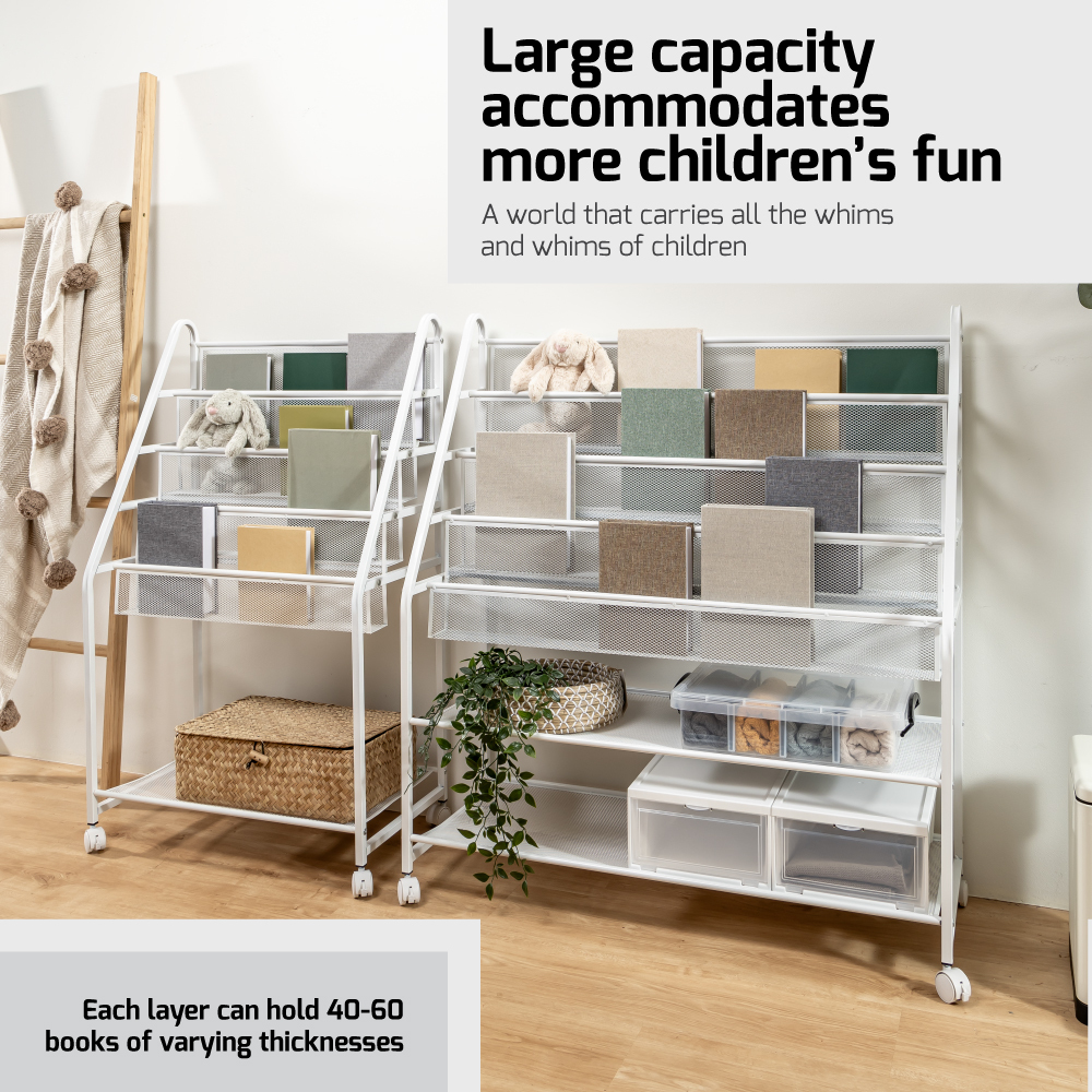 TOCAR Kids 5 | 6 Tier Slim Metal Bookshelf W Refined Grid (White) - Storage | Space Saver | Organizer | Shelving