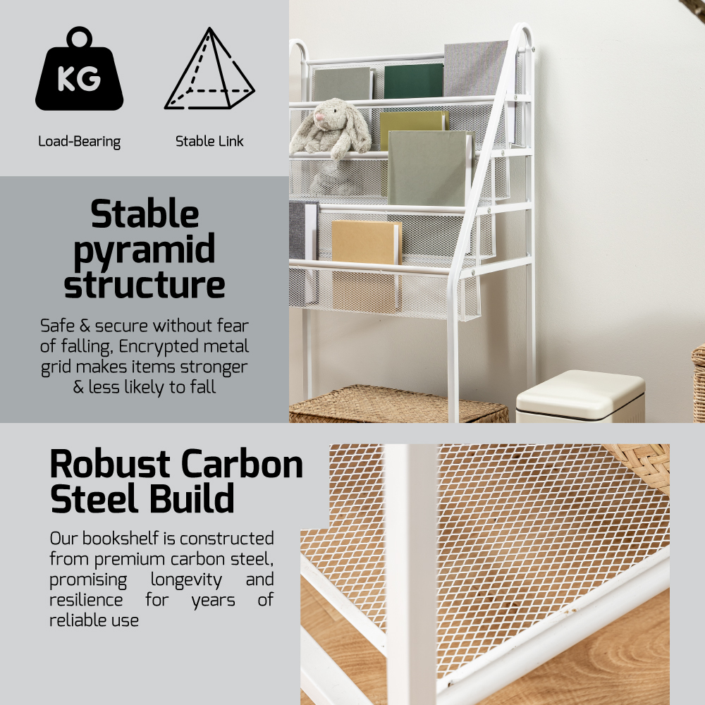 TOCAR Kids 5 | 6 Tier Slim Metal Bookshelf W Refined Grid (White) - Storage | Space Saver | Organizer | Shelving