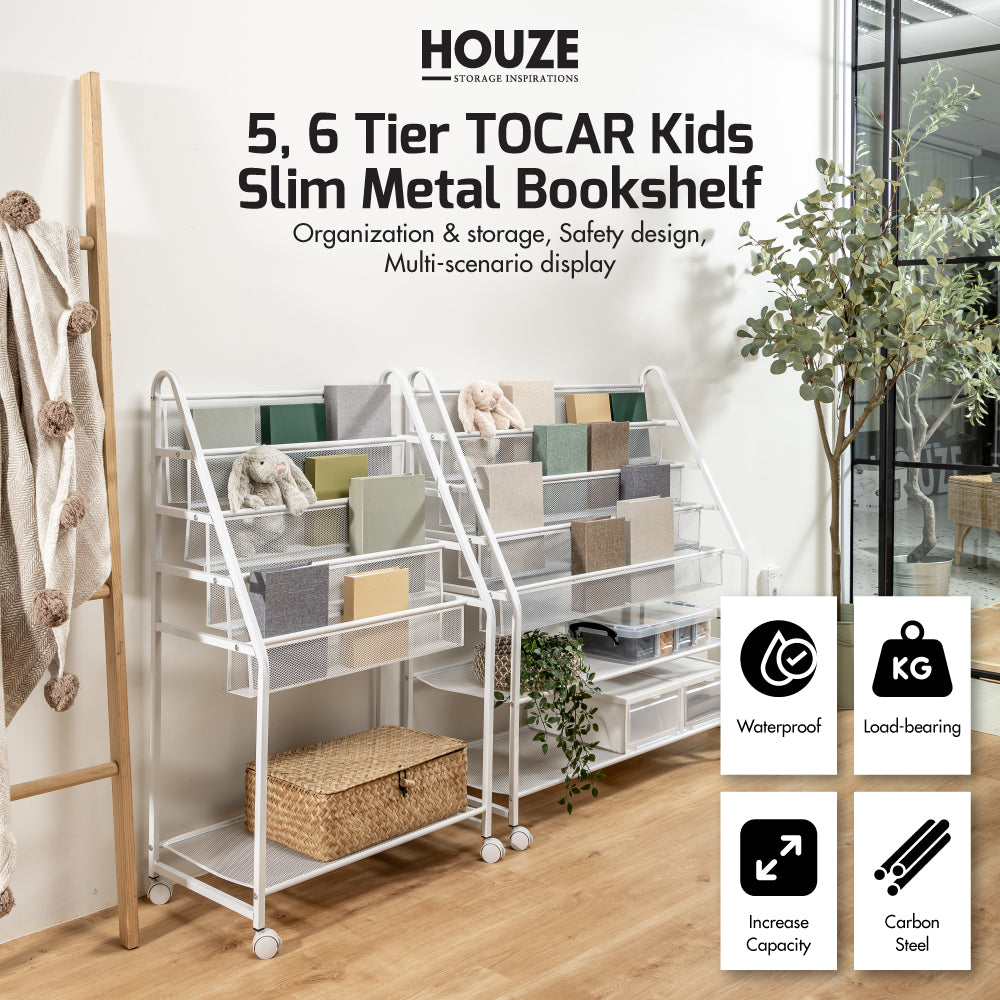 HOUZE - TOCAR Kids 5 | 6 Tier Slim Metal Bookshelf W Refined Grid (White) - Storage | Space Saver | Organizer | Shelving