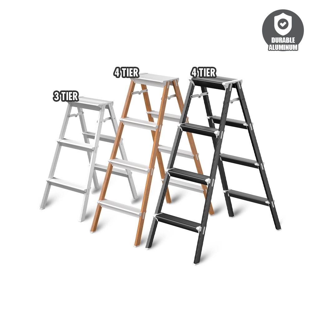 HOUZE - VIV 3 Tier | 4 Tier Bi-Directional Foldable Aluminum Step Ladder 3 Color [Black | White | Woodgrain] - Compact