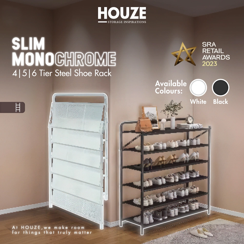 HOUZE - 'SLIM' Monochrome 4 Tier | 5 Tier | 6 Tier Steel Shoe Rack [Black | White] [Length: 70cm] - Storage | Organizer