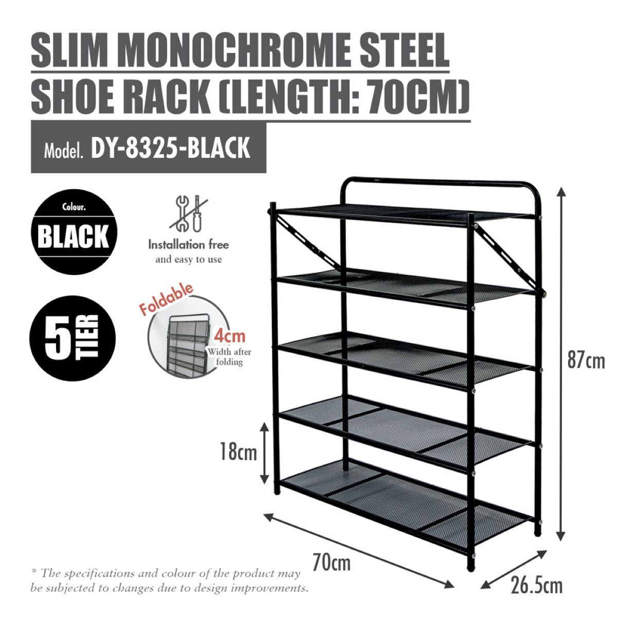 HOUZE - 'SLIM' Monochrome 4 Tier | 5 Tier | 6 Tier Steel Shoe Rack [Black | White] [Length: 70cm] - Storage | Organizer