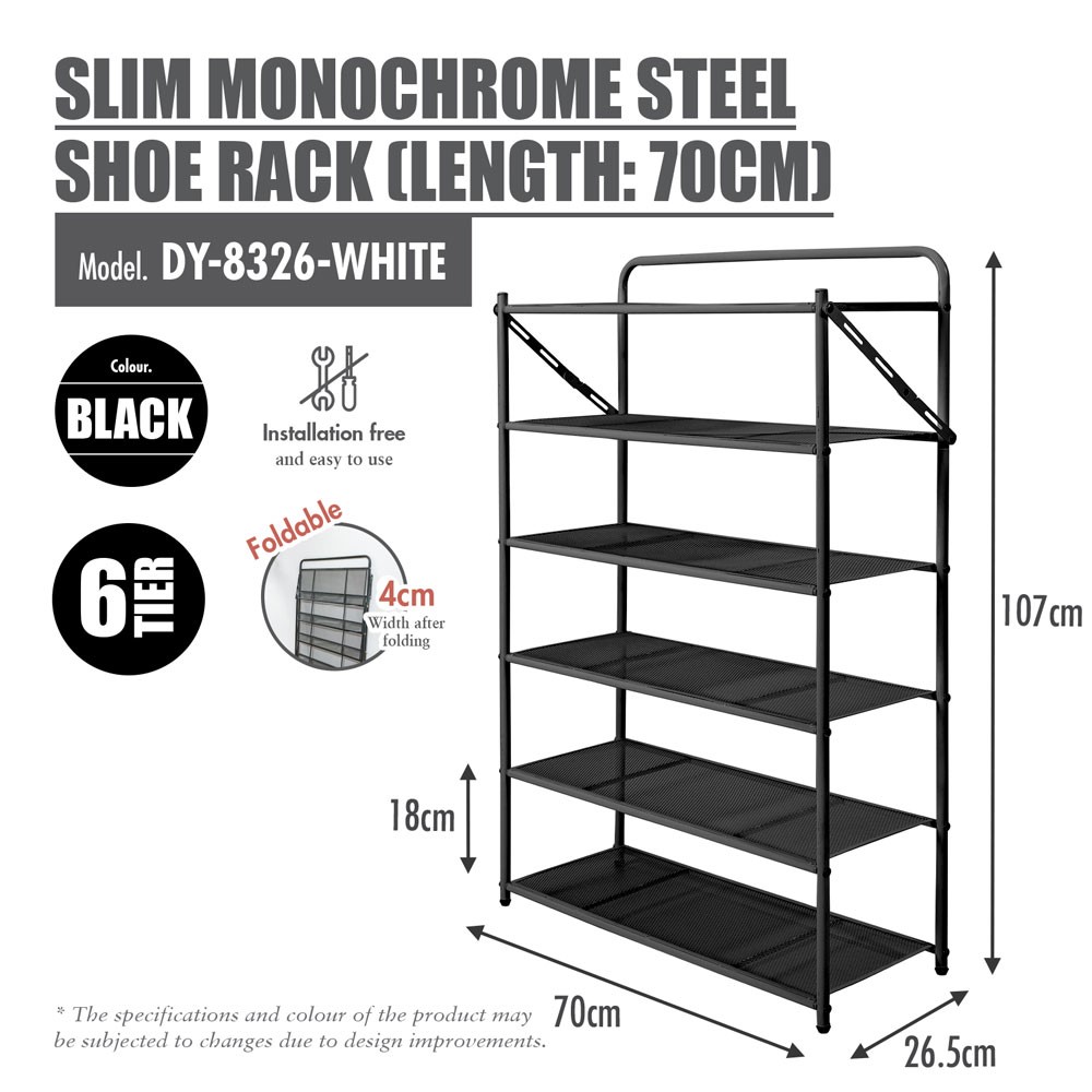 HOUZE - 'SLIM' Monochrome 4 Tier | 5 Tier | 6 Tier Steel Shoe Rack [Black | White] [Length: 70cm] - Storage | Organizer