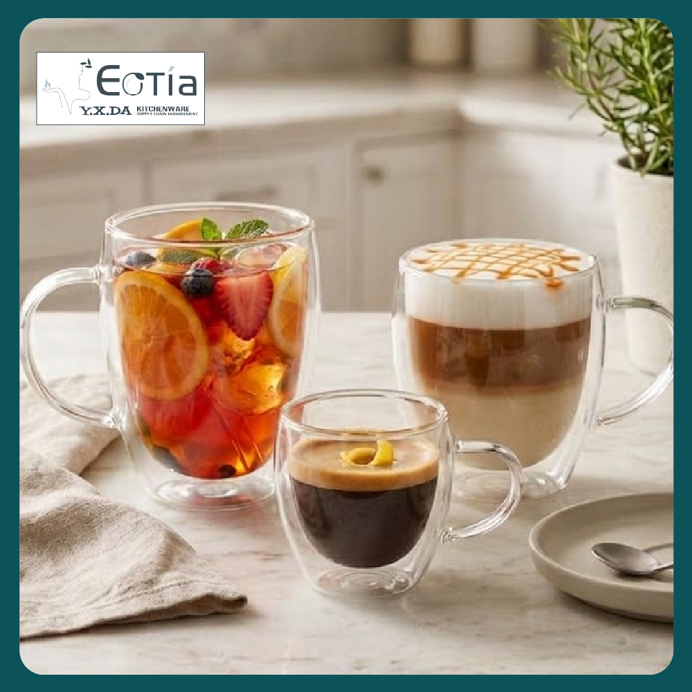 [Table Matters] Eotia Double-Wall Glass Cups with Handles Set of 2 | 80ml, 250ml, 350ml | Coffee & Tea Cups
