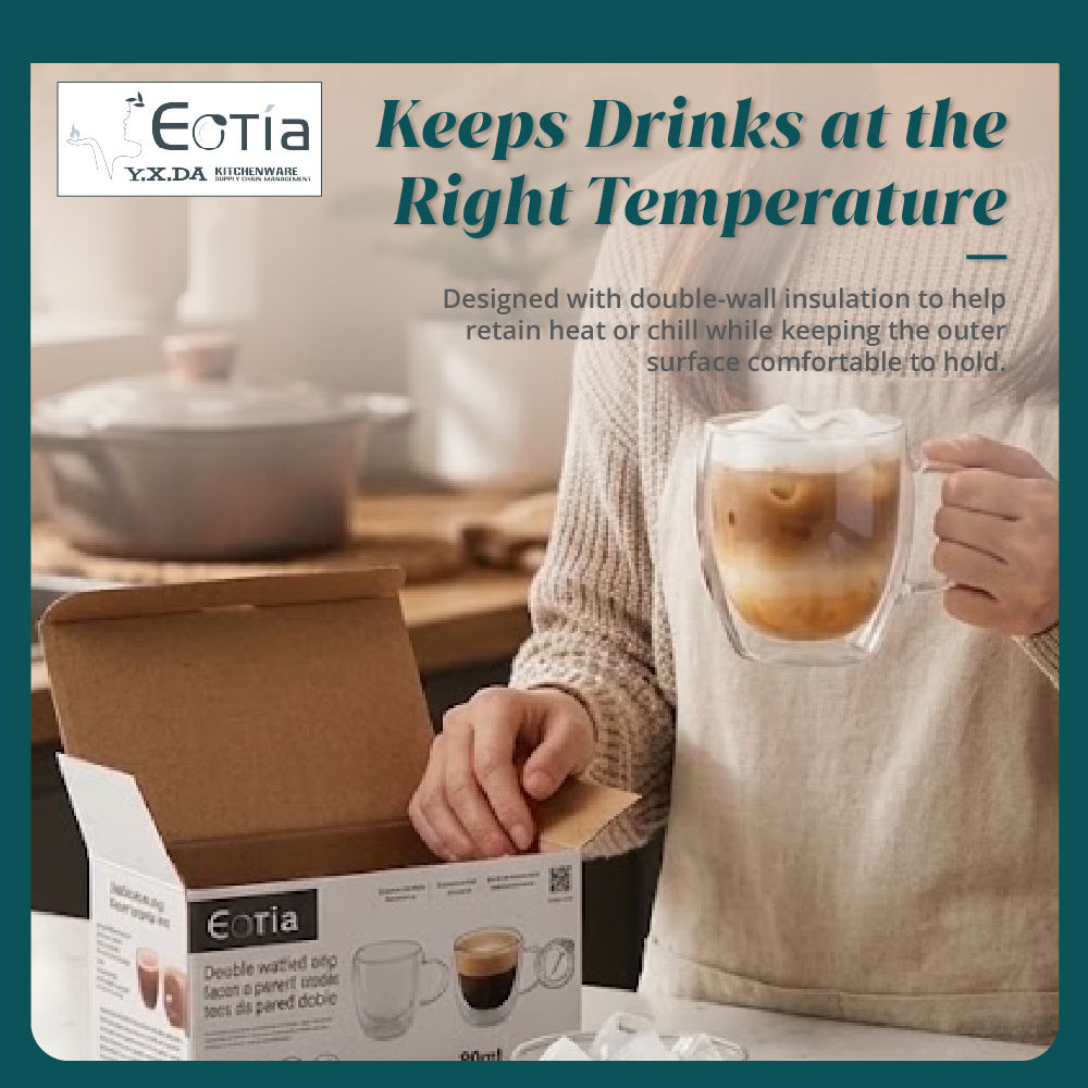 [Table Matters] Eotia Double-Wall Glass Cups with Handles Set of 2 | 80ml, 250ml, 350ml | Coffee & Tea Cups