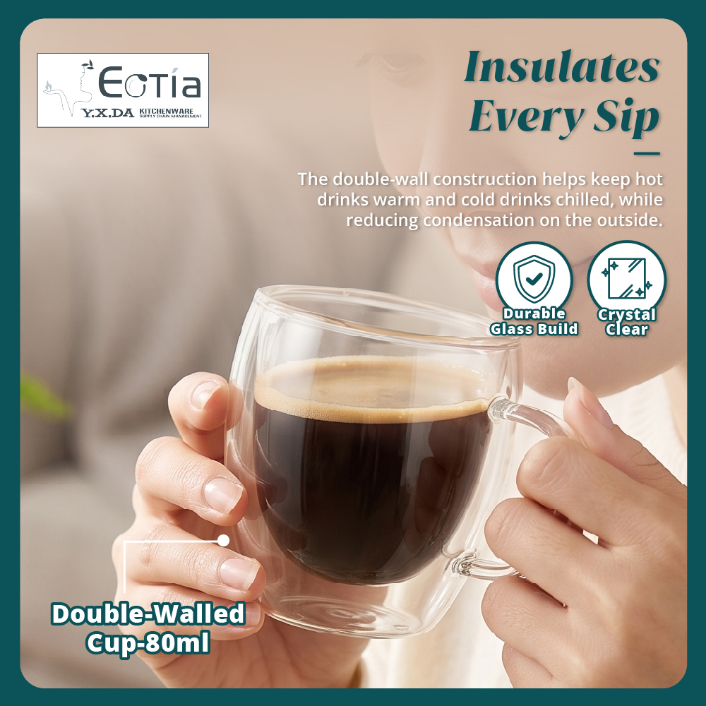 [Table Matters] Eotia Double-Wall Glass Cups with Handles Set of 2 | 80ml, 250ml, 350ml | Coffee & Tea Cups